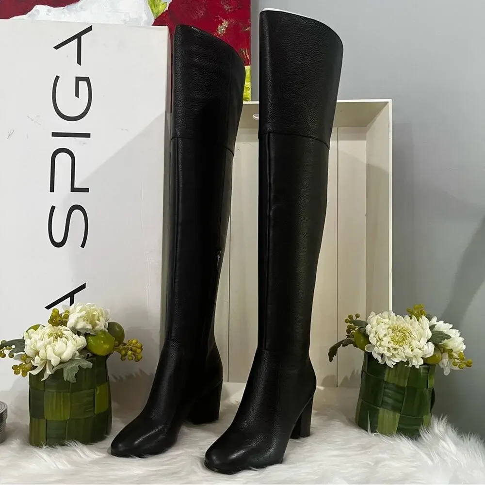 NEW Via Spiga Pebbled Leather Over The Knee OTK Chunky Heel Almond Boots 5.5 NIB